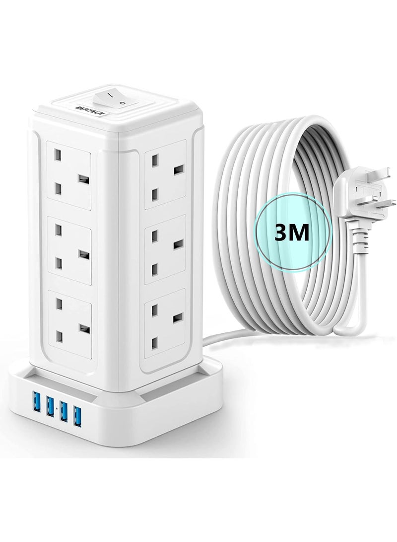 BEPiTECH 3-Meter Power Extension Cord Tower,12 Power Sockets 2500W suitable for big plugs with 4 Smart USB Slots Charging Station, Surge Protector Heavy Duty Power Strip for Office & Home Desktop - Image 1