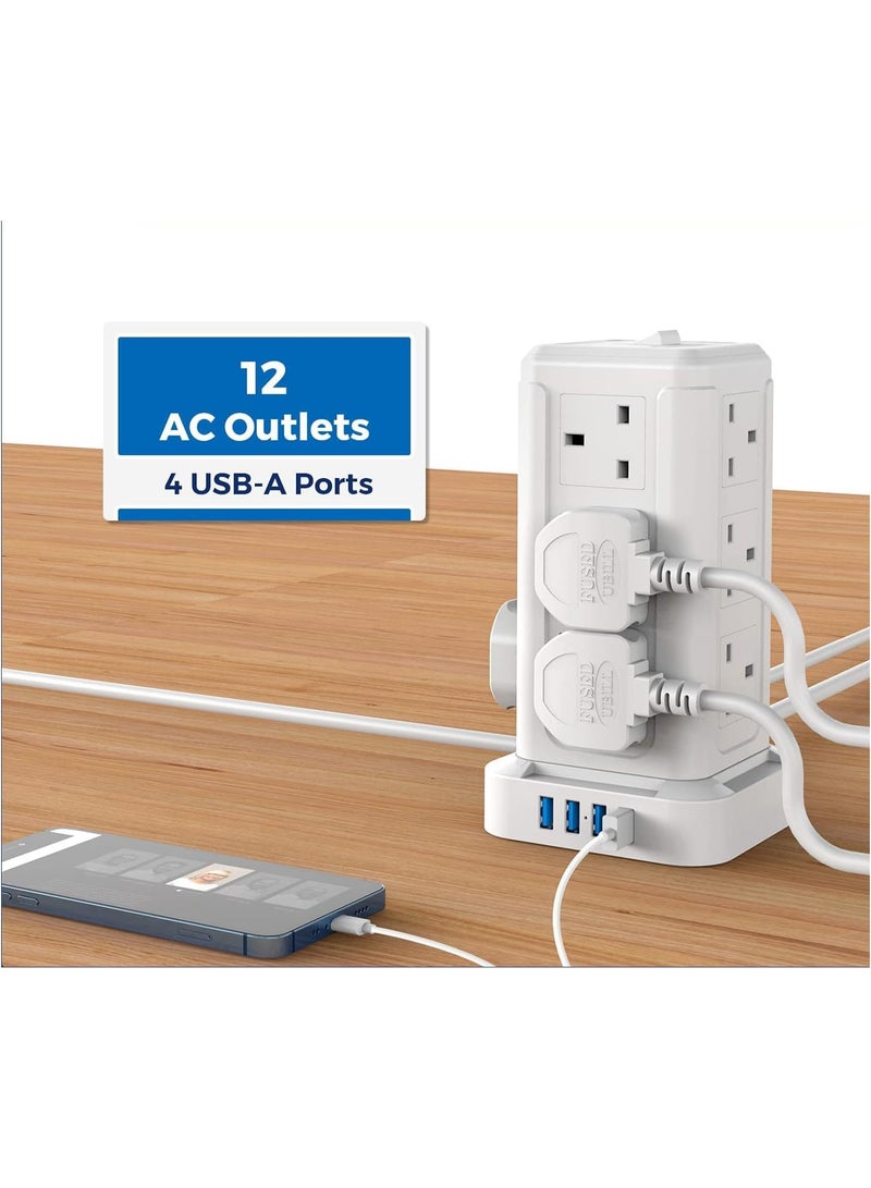 BEPiTECH 3-Meter Power Extension Cord Tower,12 Power Sockets 2500W suitable for big plugs with 4 Smart USB Slots Charging Station, Surge Protector Heavy Duty Power Strip for Office & Home Desktop - Image 2