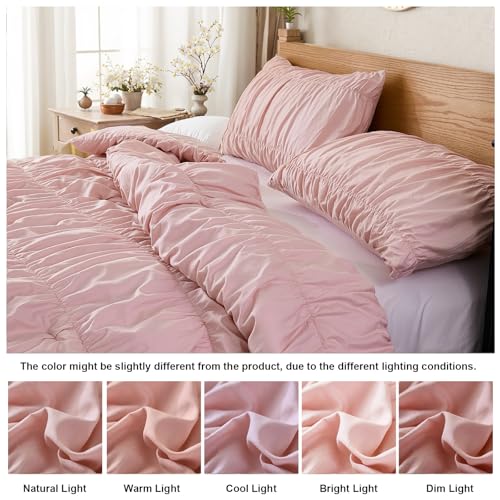 Bedbay Pink Ruched Comforter Set for Queen Size Bed,Breathable Cotton Queen Comforter Boho Bed Set,Girls Teen Room Decor Aesthetic Bedding Set,Vintage Ruffled Fluffy Comforter for All Seasons - Image 2