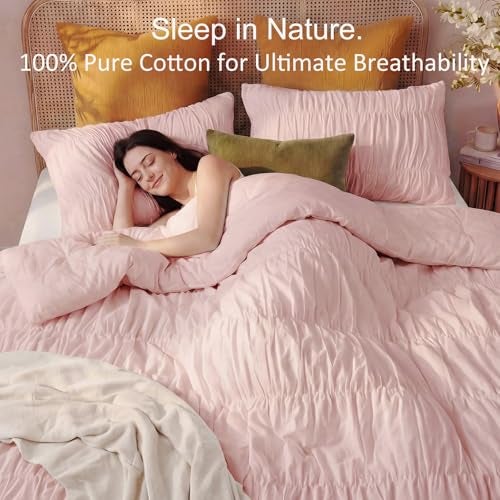 Bedbay Pink Ruched Comforter Set for Queen Size Bed,Breathable Cotton Queen Comforter Boho Bed Set,Girls Teen Room Decor Aesthetic Bedding Set,Vintage Ruffled Fluffy Comforter for All Seasons - Image 3