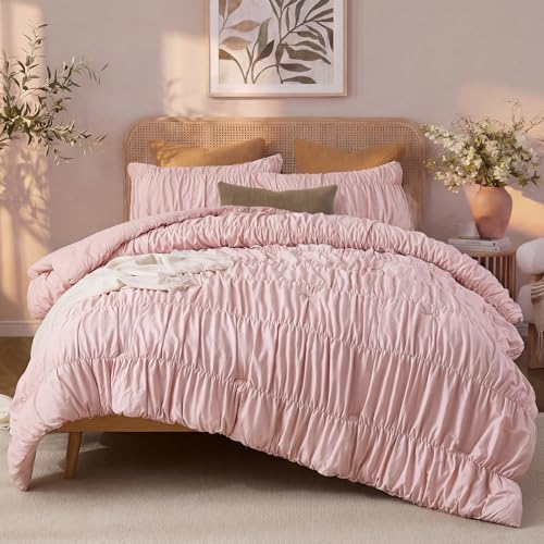 Bedbay Pink Ruched Comforter Set for Queen Size Bed,Breathable Cotton Queen Comforter Boho Bed Set,Girls Teen Room Decor Aesthetic Bedding Set,Vintage Ruffled Fluffy Comforter for All Seasons - Image 1