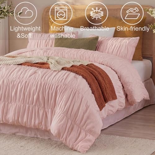 Bedbay Pink Ruched Comforter Set for Queen Size Bed,Breathable Cotton Queen Comforter Boho Bed Set,Girls Teen Room Decor Aesthetic Bedding Set,Vintage Ruffled Fluffy Comforter for All Seasons - Image 5