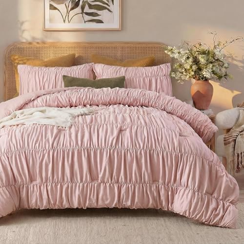Bedbay Pink Ruched Comforter Set for Queen Size Bed,Breathable Cotton Queen Comforter Boho Bed Set,Girls Teen Room Decor Aesthetic Bedding Set,Vintage Ruffled Fluffy Comforter for All Seasons - Image 4