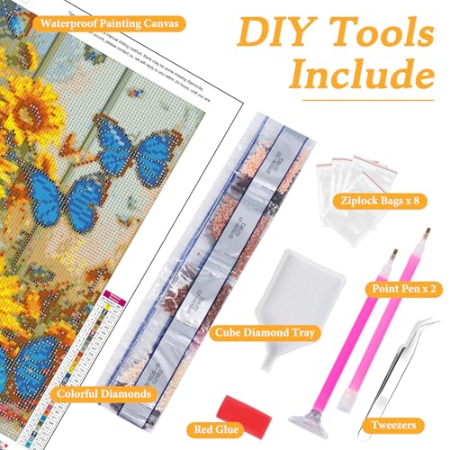 Okarina Diamond Art Kits for Adults Sunflower, DIY 5D Diamond Painting Kit for Beginners Flower Butterfly, Full Round Drill Gem Art Dots for Adults, Perfect for Home Wall Decor 12X16 Inch - Image 5