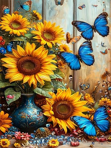 Okarina Diamond Art Kits for Adults Sunflower, DIY 5D Diamond Painting Kit for Beginners Flower Butterfly, Full Round Drill Gem Art Dots for Adults, Perfect for Home Wall Decor 12X16 Inch - Image 1