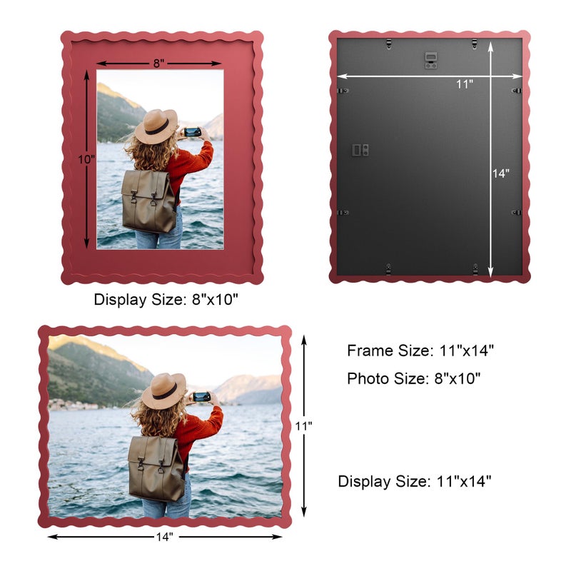 Chrspk 11x14 Wavy Picture Frame With Mat For 8x10, Wavy Edge Wooden Picture Frame with Real Glass - Wall Mount Display, Red, 2 Pack - Image 2