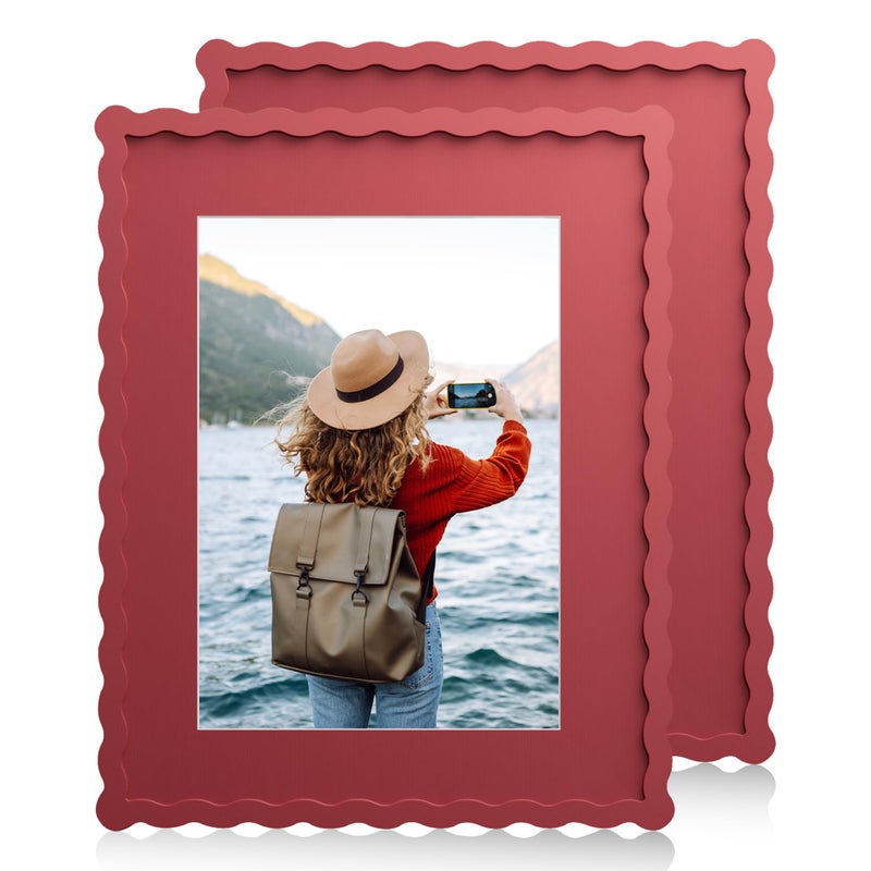 Chrspk 11x14 Wavy Picture Frame With Mat For 8x10, Wavy Edge Wooden Picture Frame with Real Glass - Wall Mount Display, Red, 2 Pack - Image 1