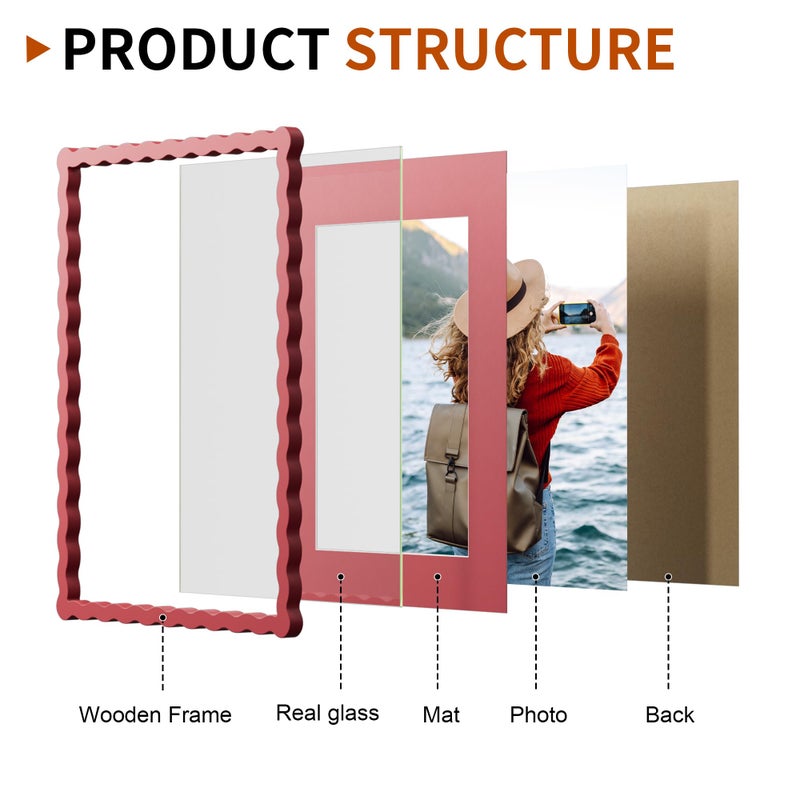 Chrspk 11x14 Wavy Picture Frame With Mat For 8x10, Wavy Edge Wooden Picture Frame with Real Glass - Wall Mount Display, Red, 2 Pack - Image 3