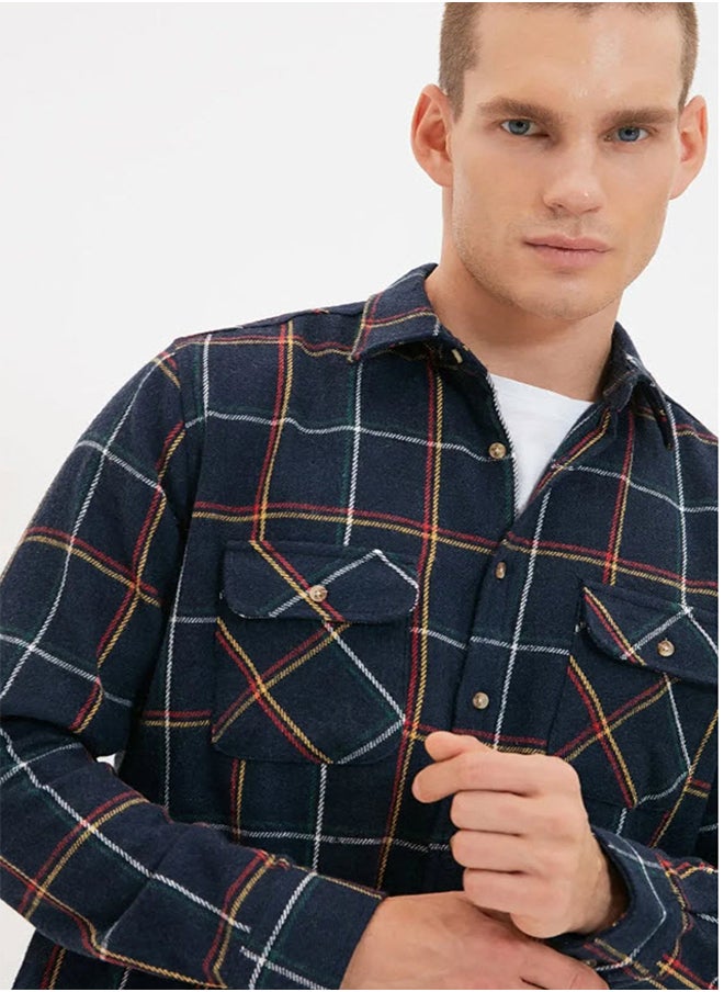 trendyol Navy Blue Regular Fit Long Sleeve Double Pocket Winter Lumberjack Checkered Shirt TMNAW20GO0485  - Image 5