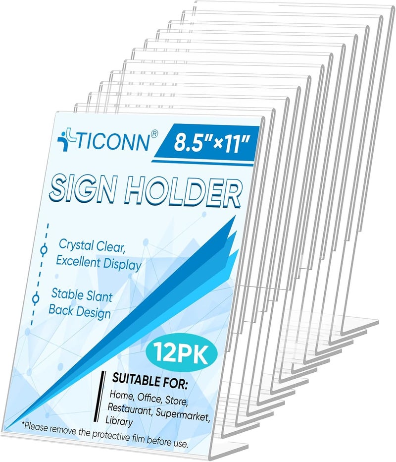 TPGP TICONN 8.5 x 11 Acrylic Sign Holder, L Shape Clear Sign Holder Stand for Displaying, 12 Pack - Image 1