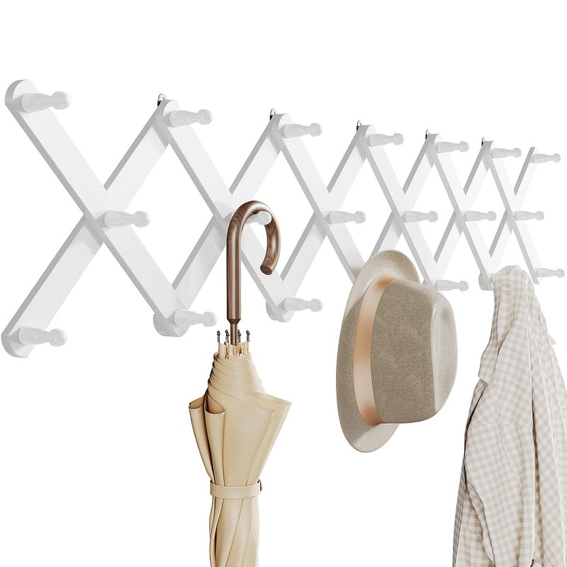 OROPY Wood Accordion Wall Hanger Expandable Coat Rack Wall Mount with 20 Pegs Expanding Hat Rack for Wall White