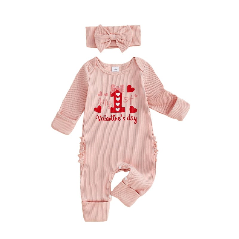 allshope Infant Baby Girl Valentines Outfit Jumpsuit My First Valentine's Day Romper Bodysuit Newborn Fall Clothes (My 1st Valentine's Pink, 3-6 Months) - Image 1