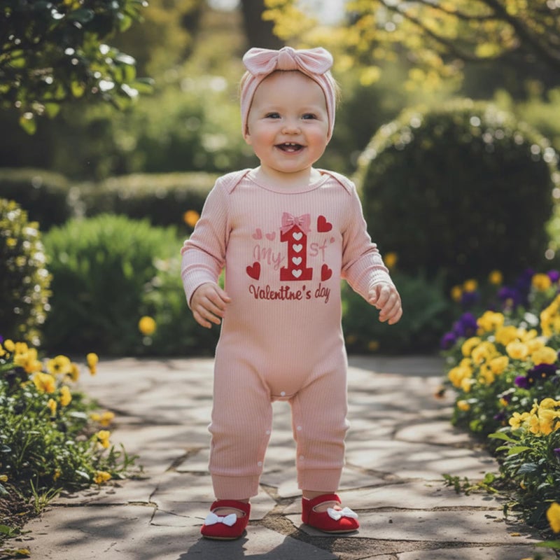 allshope Infant Baby Girl Valentines Outfit Jumpsuit My First Valentine's Day Romper Bodysuit Newborn Fall Clothes (My 1st Valentine's Pink, 3-6 Months) - Image 2