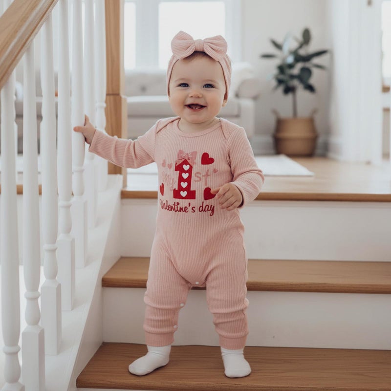 allshope Infant Baby Girl Valentines Outfit Jumpsuit My First Valentine's Day Romper Bodysuit Newborn Fall Clothes (My 1st Valentine's Pink, 3-6 Months) - Image 3