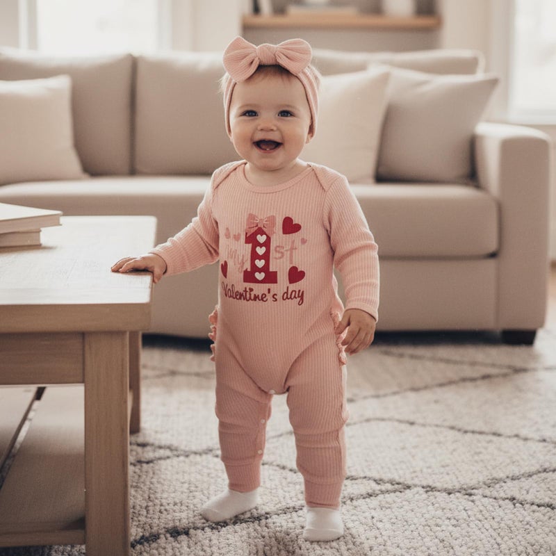 allshope Infant Baby Girl Valentines Outfit Jumpsuit My First Valentine's Day Romper Bodysuit Newborn Fall Clothes (My 1st Valentine's Pink, 3-6 Months) - Image 4