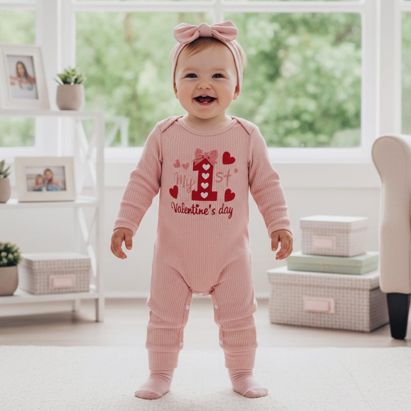 allshope Infant Baby Girl Valentines Outfit Jumpsuit My First Valentine's Day Romper Bodysuit Newborn Fall Clothes (My 1st Valentine's Pink, 3-6 Months) - Image 5