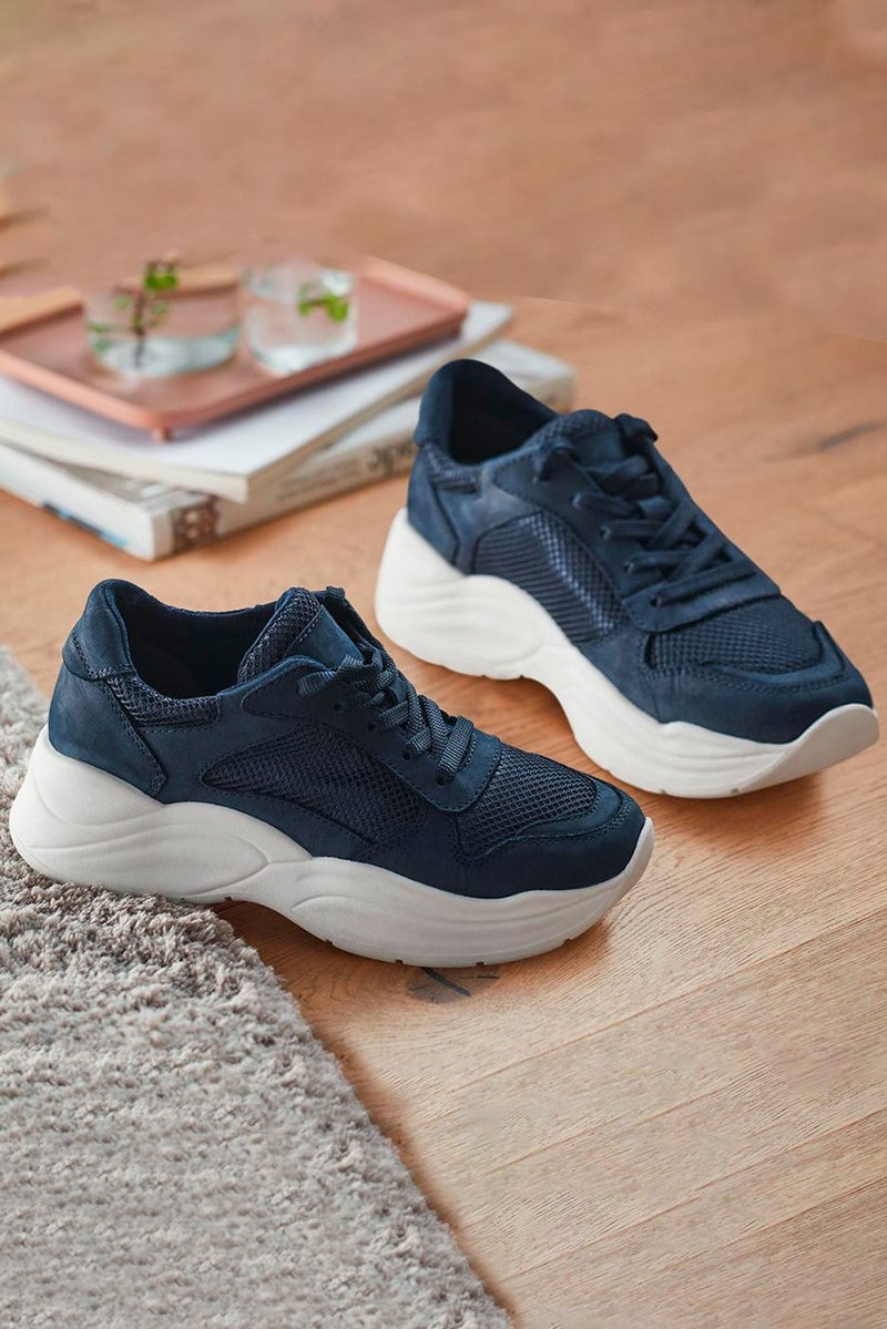 Tchibo Women Lace Up Leather Sneaker Shoes, Navy and White  - Image 1