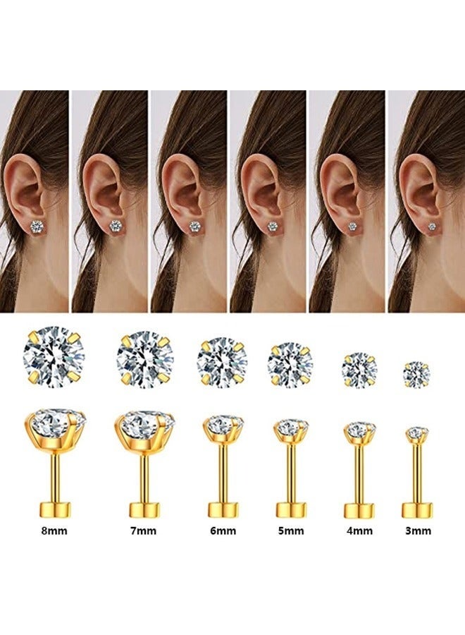 YSR VEF 6 Pairs Hypoallergenic Brithstone Stud Earrings for Women Men Flatback Earrings Stainless Steel 3mm-8mm Cubic Zirconia Earrings Piercing Ear Cartilage Gold - Image 3