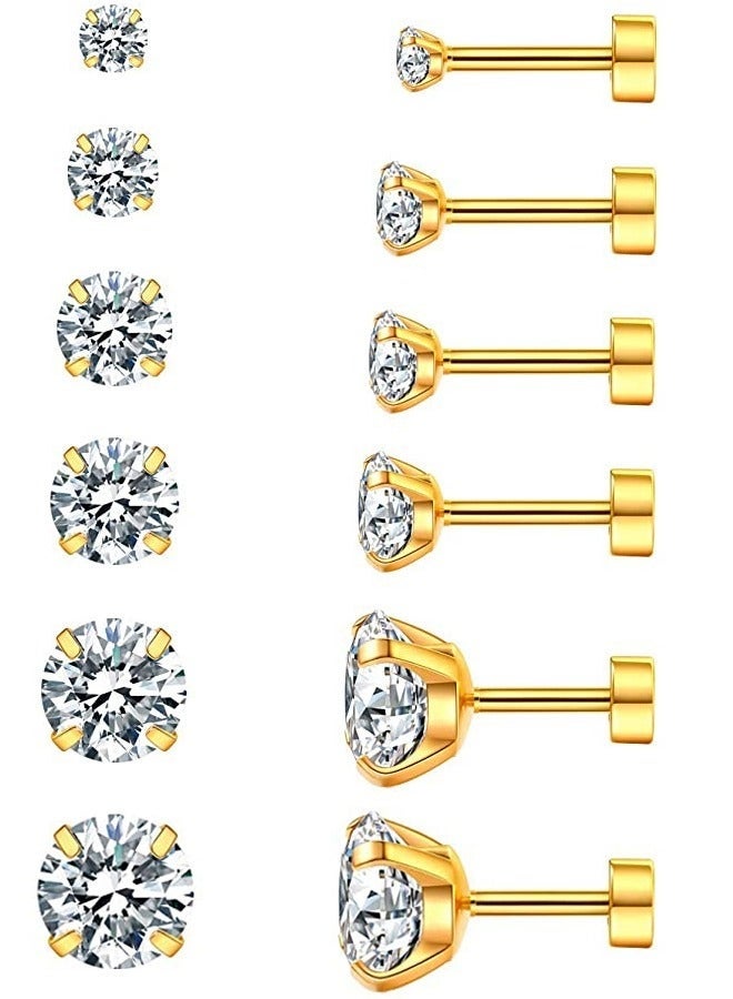 YSR VEF 6 Pairs Hypoallergenic Brithstone Stud Earrings for Women Men Flatback Earrings Stainless Steel 3mm-8mm Cubic Zirconia Earrings Piercing Ear Cartilage Gold - Image 1