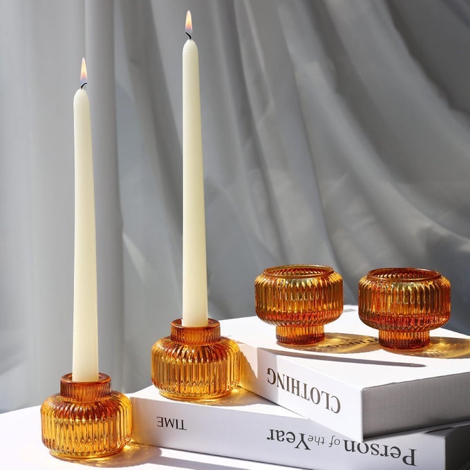 CANDLESTICK HOLDERS SET OF 4 AMBER VOTIVE CANDLE HOLDERS FOR FALL WEDDING TABLE CENTERPIECE RIBBED GLASS TAPER CANDLE HOLDERS FOR DINNER PARTY HALLOWEEN THANKSGIVING DECOR
