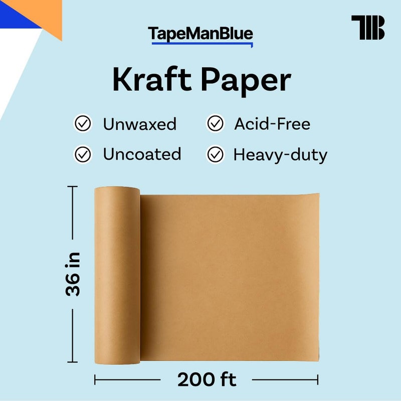TapeManBlue Kraft Paper Roll, 36" x 2400" (200'), Made in USA, 30 lb. Roll of Brown Paper for Banner, Poster, Crafts, Bulletin Board Backing, Kraft Table Cloth, Brown Construction for Shipping and Gift Wrapping - Image 2