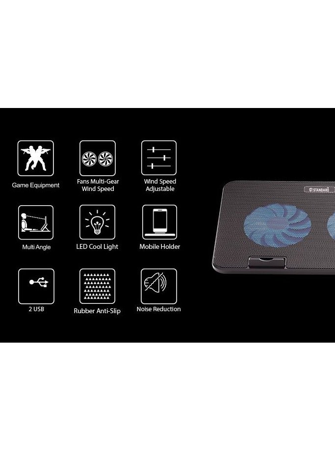 ستاندرد حامل تبريد قياسي ICE02 لأجهزة الكمبيوتر المحمولة مع حامل للهاتف المحمول – مروحتان LED باللون الأزرق – 2 منفذ USB – يدعم أجهزة الكمبيوتر المحمولة من 12 إلى 15.6 بوصة | أسود - Image 3