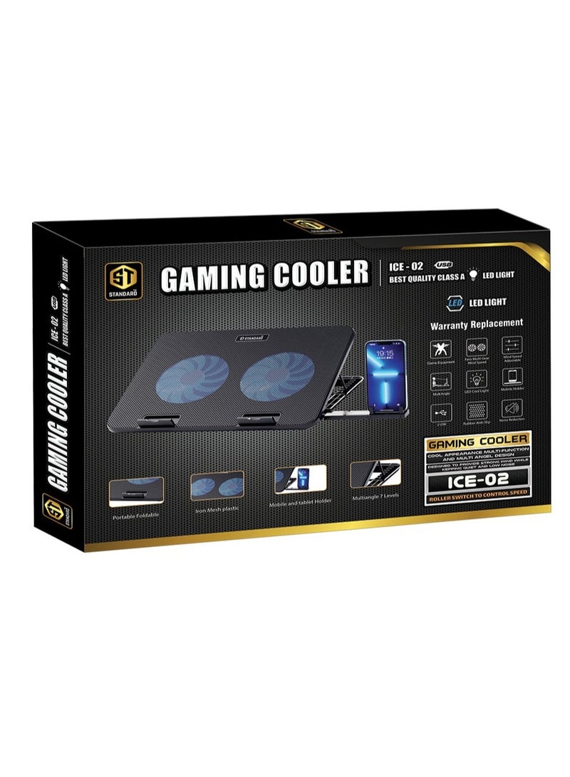 ستاندرد حامل تبريد قياسي ICE02 لأجهزة الكمبيوتر المحمولة مع حامل للهاتف المحمول – مروحتان LED باللون الأزرق – 2 منفذ USB – يدعم أجهزة الكمبيوتر المحمولة من 12 إلى 15.6 بوصة | أسود - Image 4