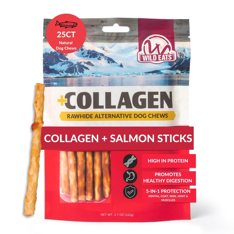 Wild Eats Collagen Real Salmon Sticks for Dogs 25ct - Long Lasting Dog Chews No Hide Dog Treat Bully Stick Alternative, Rawhide Free, Grain Free, High Protein - Image 1