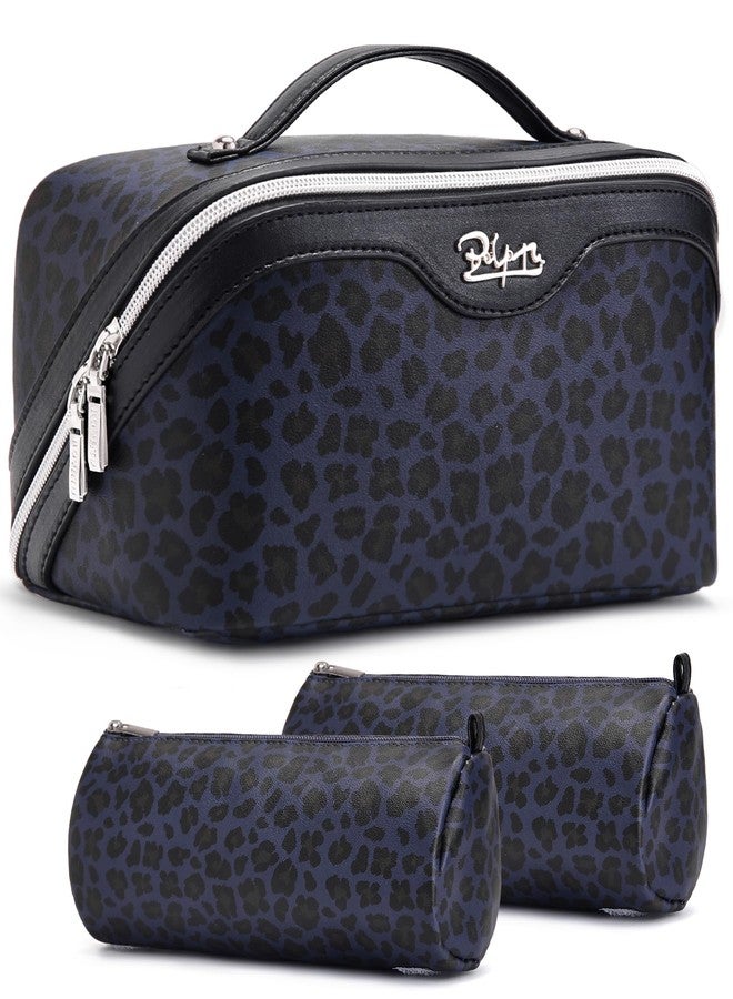 BOYATU Travel Makeup Bags Cosmetic Organizer Bag: 3 Pcs Set Large Capacity Make up Bag with Compartments - Waterproof Leather Toiletry Bags with Handle for Women (B-Blue) - Image 1