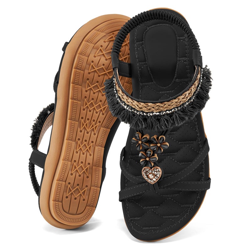 Aomigoct Womens Sandals Comfortable Dressy: Black 8 Summer Casual Flat Sandal for Walking - 2026 Cute Bohemian Shoes Elastic Ankle Strap - Image 1