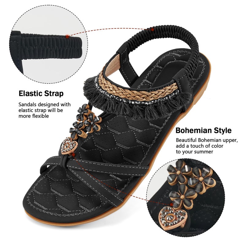 Aomigoct Womens Sandals Comfortable Dressy: Black 8 Summer Casual Flat Sandal for Walking - 2026 Cute Bohemian Shoes Elastic Ankle Strap - Image 5