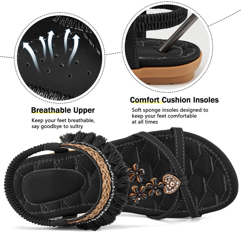 Aomigoct Womens Sandals Comfortable Dressy: Black 8 Summer Casual Flat Sandal for Walking - 2026 Cute Bohemian Shoes Elastic Ankle Strap - Image 4