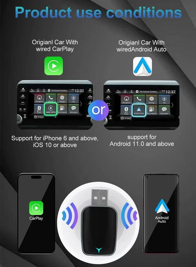 NOAKEEI Mini Wireless Carplay Adapter,Wired to Wireless Car Play & Android 2 In 1 Adapter for Apple iPhone & Android Phone,Fast Auto-Connect, Low Latency, USB-A & USB-C Compatible - Image 2