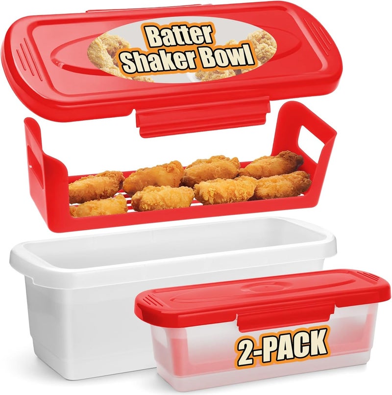 Flybok Batter Bowl with Lid, 2-Pack Fish Batter Shaker, Better Breader Shaker Bowl with Breading Shaker Tray, Batter Bowl with Lids Shaker for Frying Chicken Wings Fish Onion Rings Veggies - Image 1