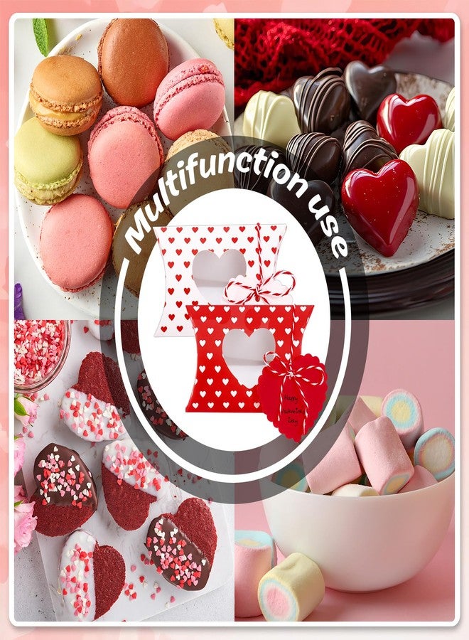 FYSUIMU 50Pcs Valentine' s Day Treat Boxes with Gift Tag Cotton Rope Paper Gift Container Red White Heart Pillow Box with Heart Shaped PVC Window for Wedding Birthday Sweets Chocolate - Image 3