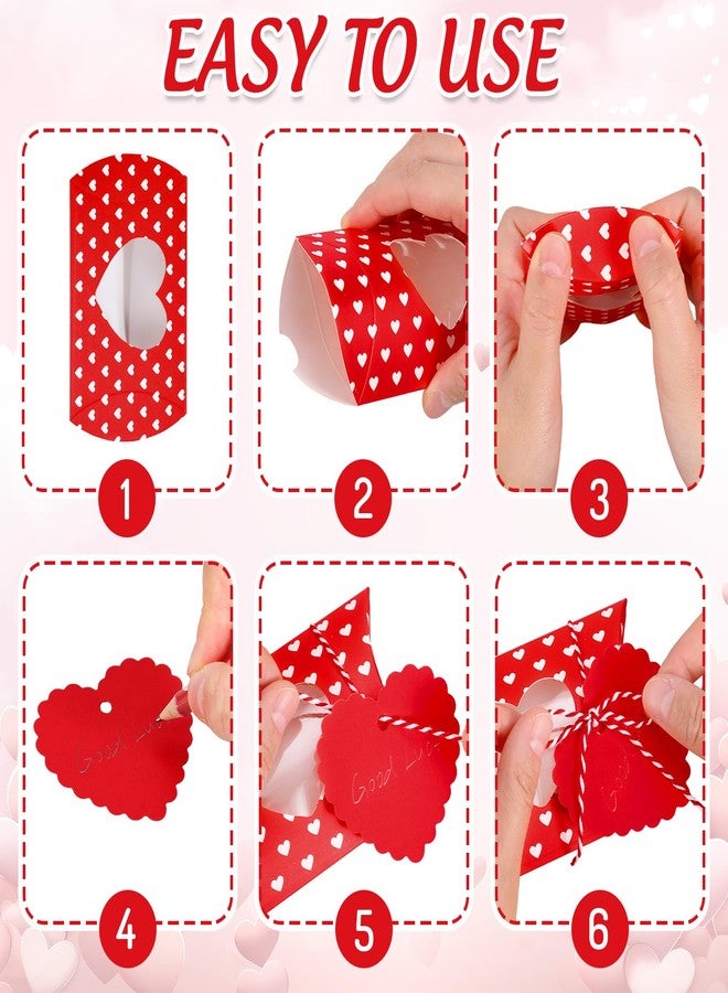 FYSUIMU 50Pcs Valentine' s Day Treat Boxes with Gift Tag Cotton Rope Paper Gift Container Red White Heart Pillow Box with Heart Shaped PVC Window for Wedding Birthday Sweets Chocolate - Image 4