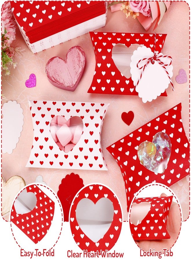 FYSUIMU 50Pcs Valentine' s Day Treat Boxes with Gift Tag Cotton Rope Paper Gift Container Red White Heart Pillow Box with Heart Shaped PVC Window for Wedding Birthday Sweets Chocolate - Image 5