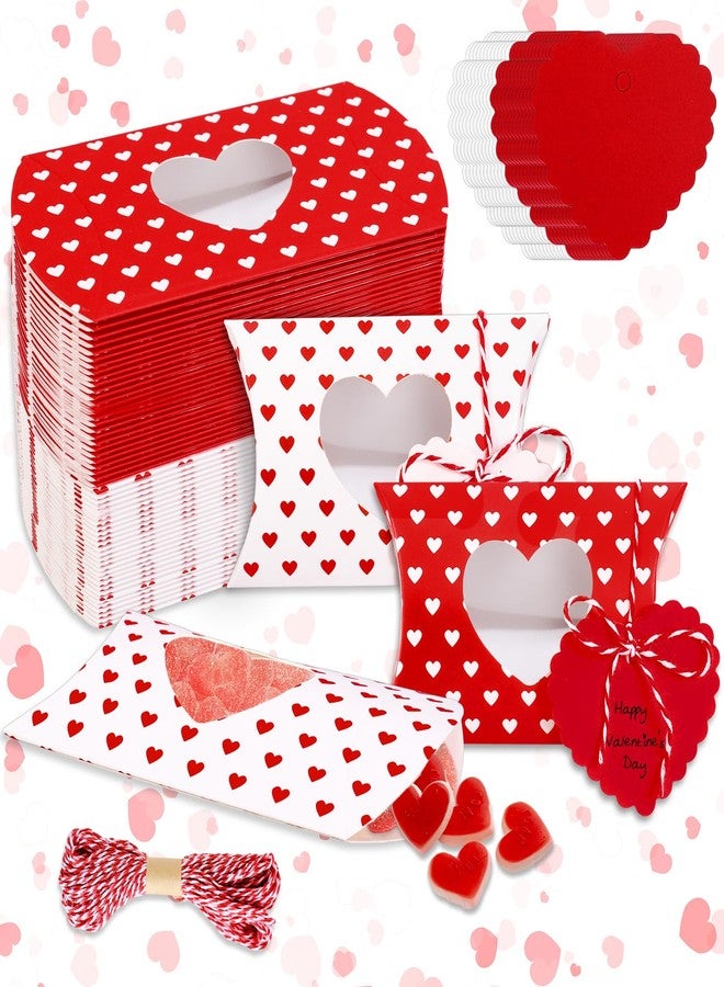 FYSUIMU 50Pcs Valentine' s Day Treat Boxes with Gift Tag Cotton Rope Paper Gift Container Red White Heart Pillow Box with Heart Shaped PVC Window for Wedding Birthday Sweets Chocolate - Image 1