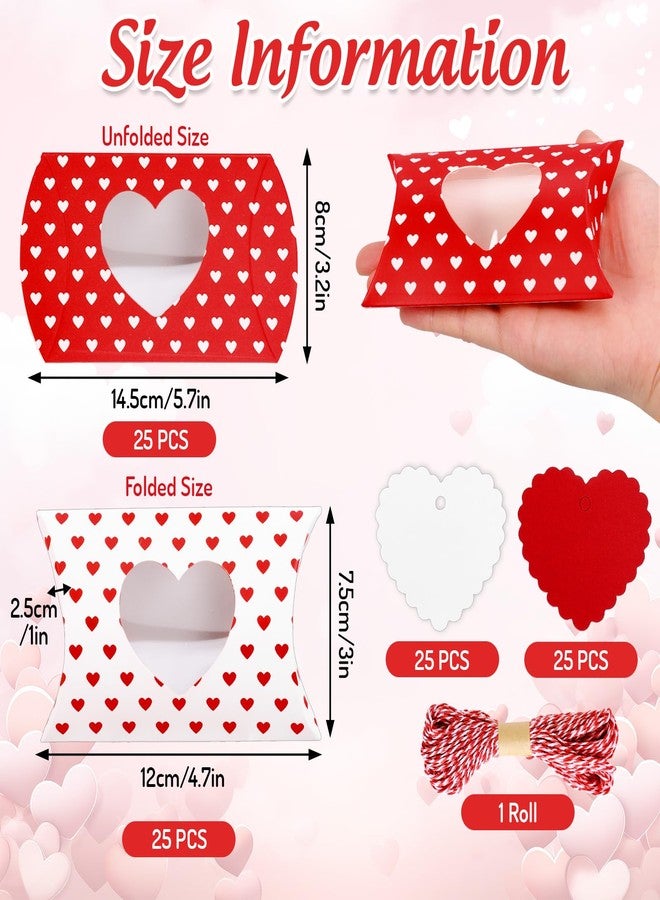 FYSUIMU 50Pcs Valentine' s Day Treat Boxes with Gift Tag Cotton Rope Paper Gift Container Red White Heart Pillow Box with Heart Shaped PVC Window for Wedding Birthday Sweets Chocolate - Image 2