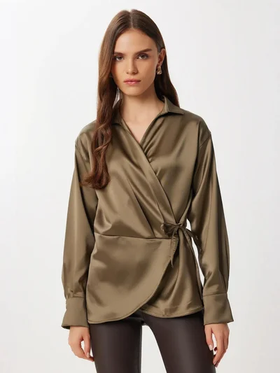 Happiness İstanbul ISTANBUL Double Breasted Satin Tie Blouse