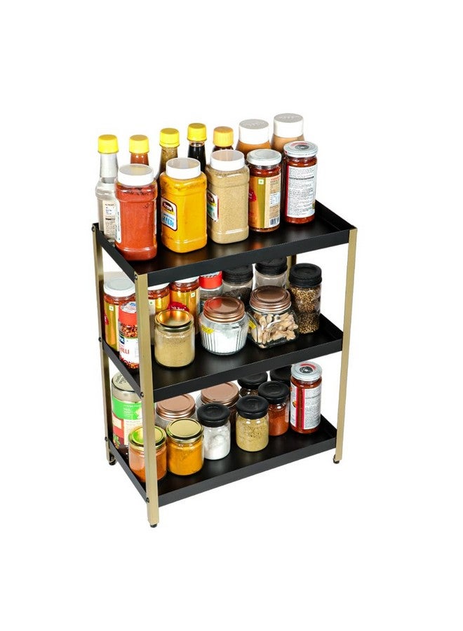 DECOWORLD || 3 Tier Multipurpose Countertop Organizer Rack || Multishelf Storage Stand for Kitchen, Bathroom or Dressing table|| Spice Rack,Cosmetics Organizer or Bathroom Organizer (Black & Golden) - Image 1