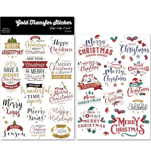 CATaireen Vintage Rub On Transfers for Crafts DIY Glass Stickers 2 Sheets Furniture Decals Alphabet Number Watercolor Floral Sentence Elements Holiday Sentence 1 - Image 1