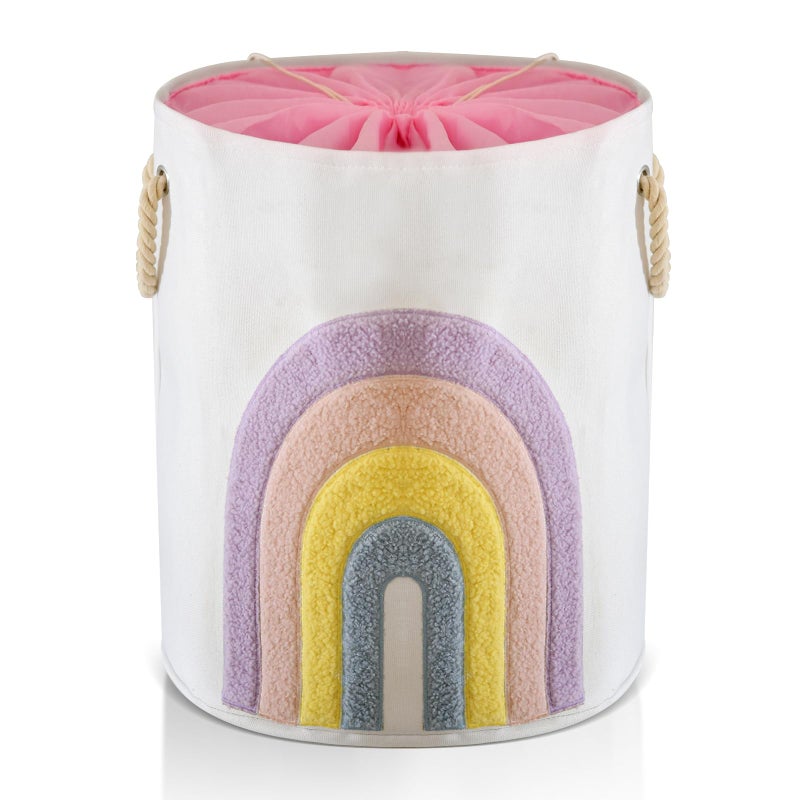INough Baby Laundry Basket Pink Baby Hamper  Canvas 58L XL Baby Clothes Basket with Drawstring Closure Girl Laundry Hamper for Nursery Toy Baskets  Baby Girl Room Decor Boho (Rainbow) - Image 1