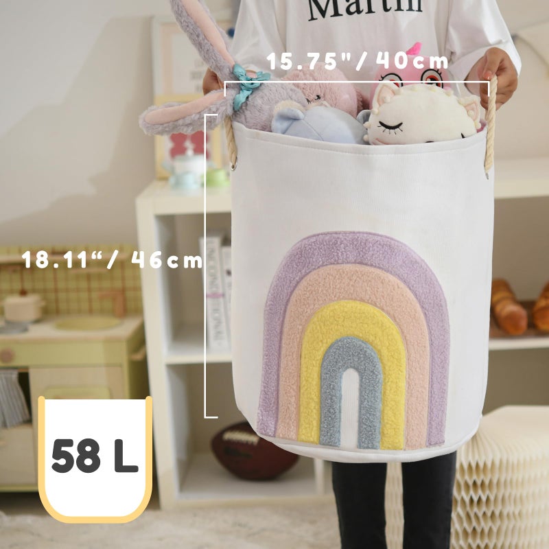 INough Baby Laundry Basket Pink Baby Hamper  Canvas 58L XL Baby Clothes Basket with Drawstring Closure Girl Laundry Hamper for Nursery Toy Baskets  Baby Girl Room Decor Boho (Rainbow) - Image 4