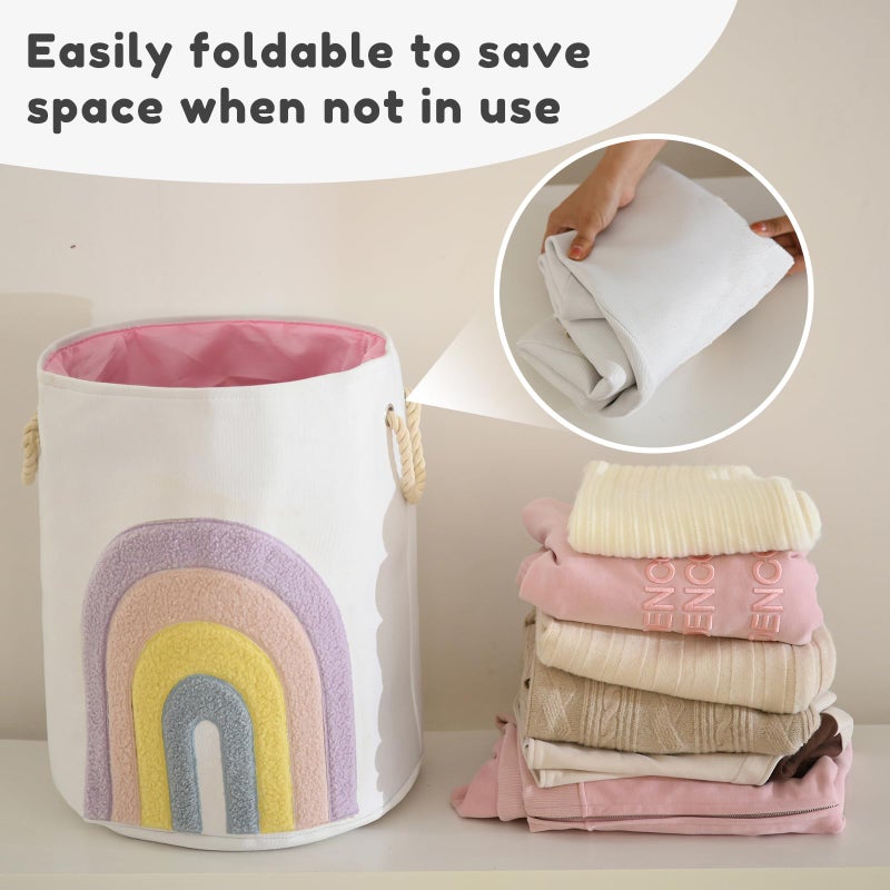 INough Baby Laundry Basket Pink Baby Hamper  Canvas 58L XL Baby Clothes Basket with Drawstring Closure Girl Laundry Hamper for Nursery Toy Baskets  Baby Girl Room Decor Boho (Rainbow) - Image 5