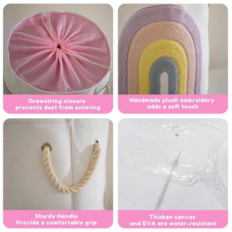 INough Baby Laundry Basket Pink Baby Hamper  Canvas 58L XL Baby Clothes Basket with Drawstring Closure Girl Laundry Hamper for Nursery Toy Baskets  Baby Girl Room Decor Boho (Rainbow) - Image 3