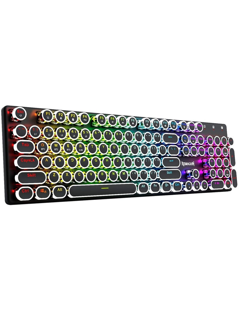 REDRAGON K710 Wireless Typewriter Style Mechanical Gaming Keyboard, Bluetooth/2.4Ghz/Wired, RGB Backlit, Rechargeable, Blue Switch - Clicky, Metal Panel, Round Keycaps, Black  - Image 1