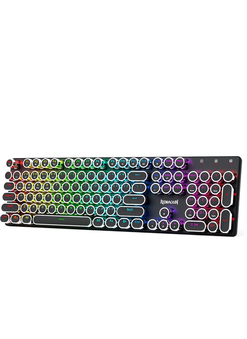 REDRAGON K710 Wireless Typewriter Style Mechanical Gaming Keyboard, Bluetooth/2.4Ghz/Wired, RGB Backlit, Rechargeable, Blue Switch - Clicky, Metal Panel, Round Keycaps, Black  - Image 2