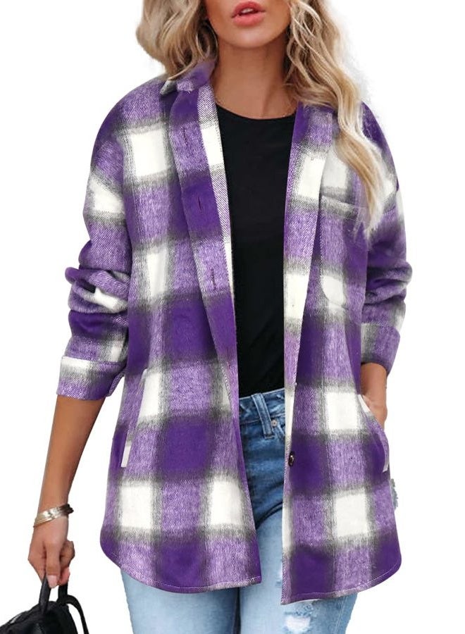 Beaully Women's Plaid Shacket Jacket Long Sleeve Button Down Flannel Shirts Fashion Jacket Fall Winter Clothes, Purple Grey, XXL - Image 1