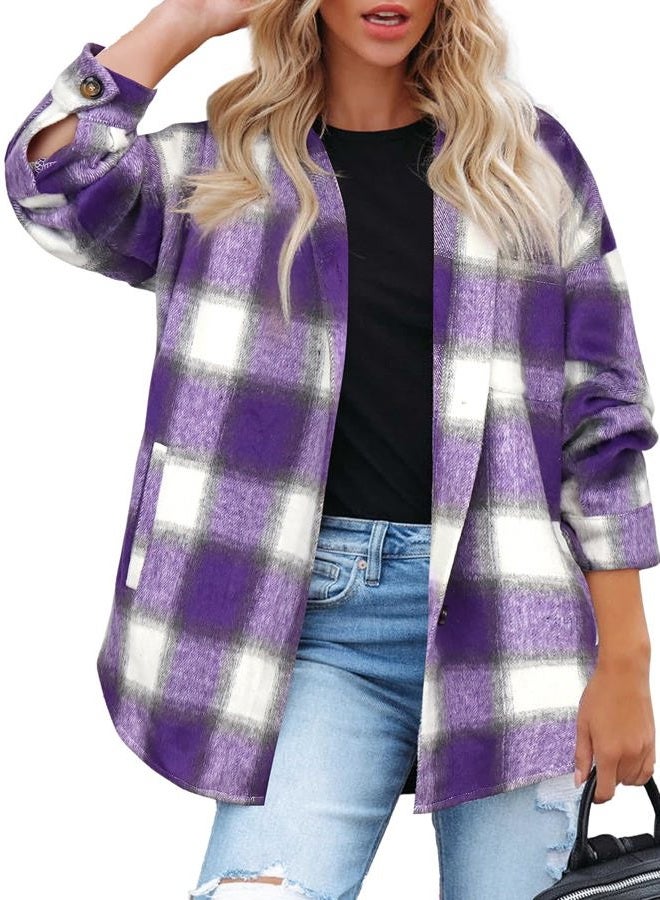 Beaully Women's Plaid Shacket Jacket Long Sleeve Button Down Flannel Shirts Fashion Jacket Fall Winter Clothes, Purple Grey, XXL - Image 2